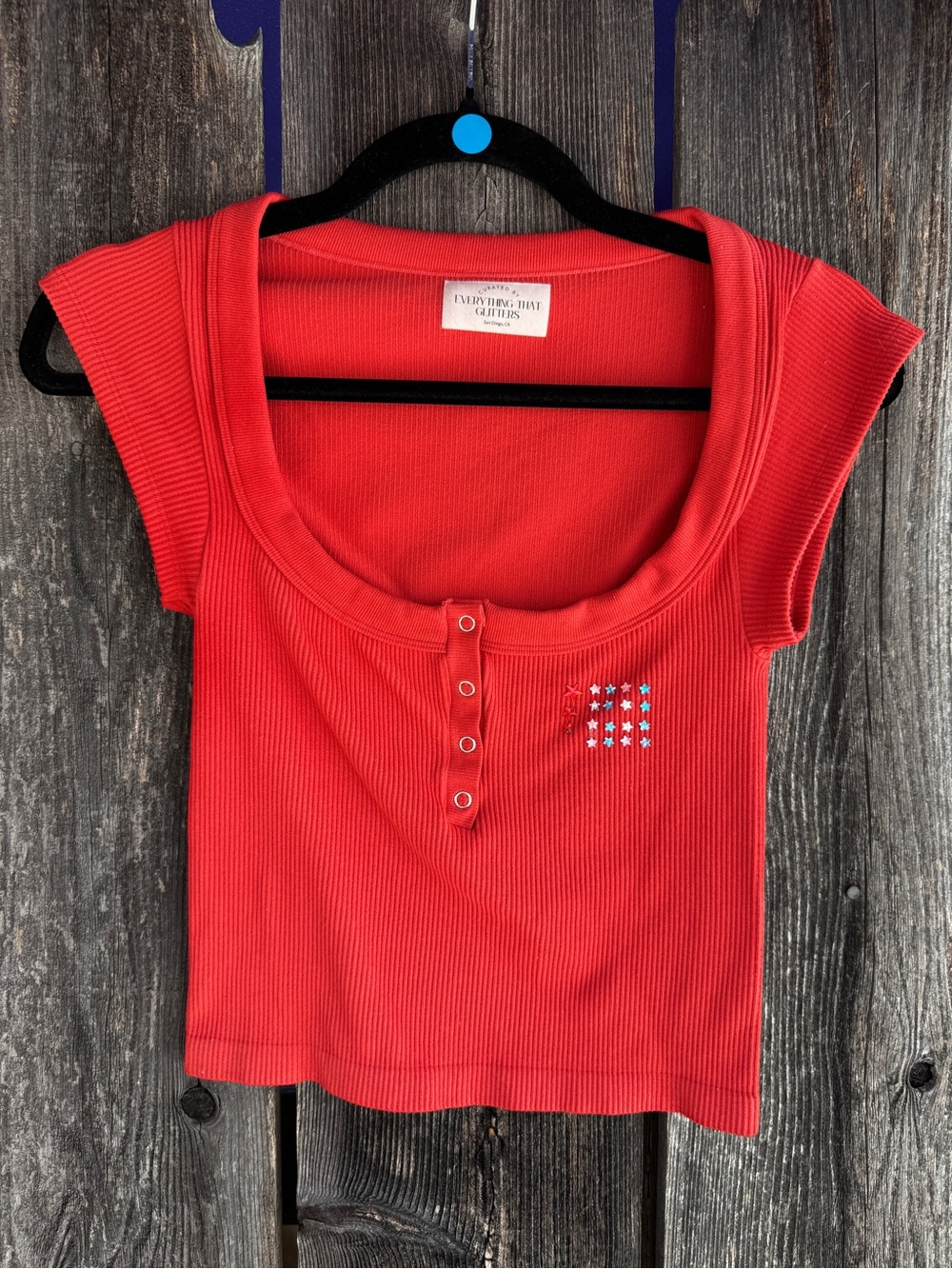 Everything That Glitters Red Ribbed Scoop-Neck Crop Top Hand Bedazzled Upcycled